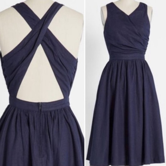 Modcloth Dresses & Skirts - New ModCloth Blue Sweet sunrise open back navy blue a line linen blend dress